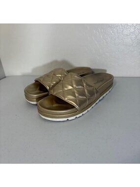 J/SLIDES NYC Sandals Womens Size 9.5 Gold Quilted Slide Platform Slip On Comfort